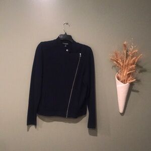 Lauren Ralph Lauren XL Asymmetrical Zip Navy Blue Sweater With Two Pockets EUC